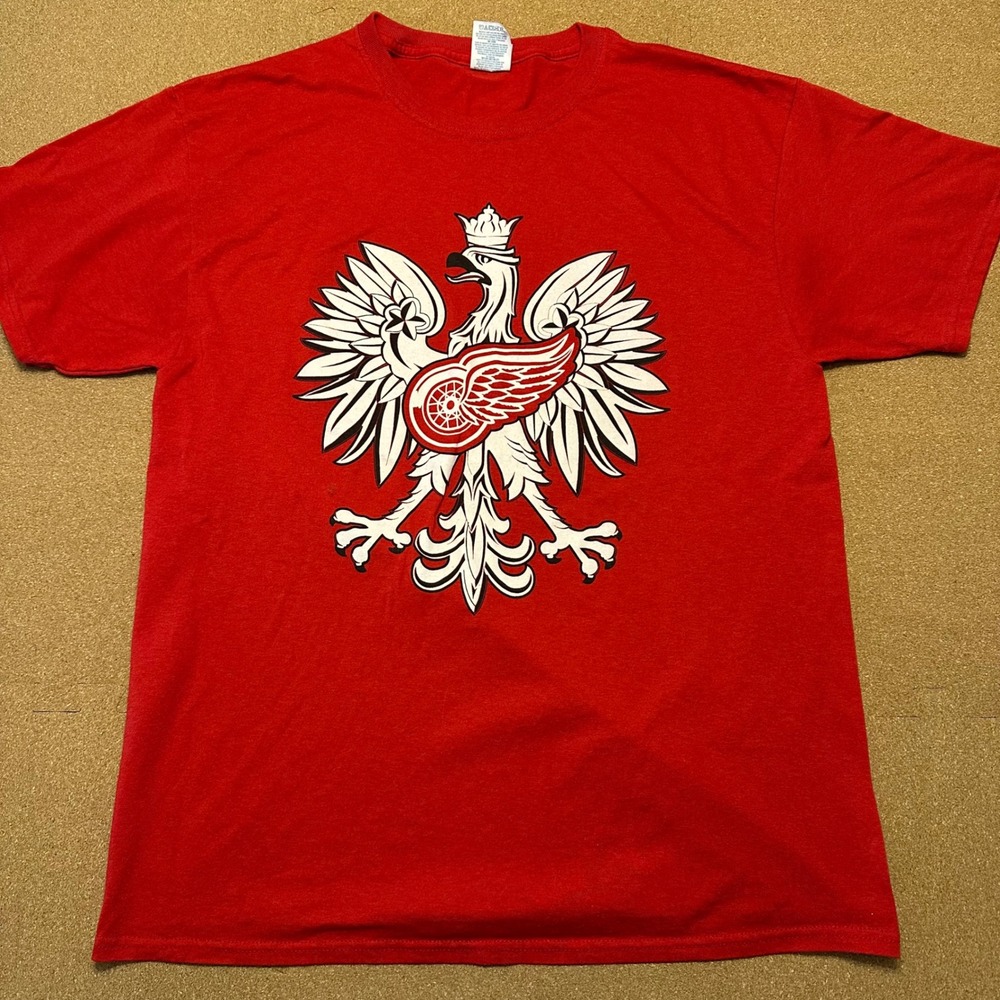 Jerzees T-Shirt Mens Large Red Detroit Red‎ Wings Polish Eagle Logo Tee Graphic